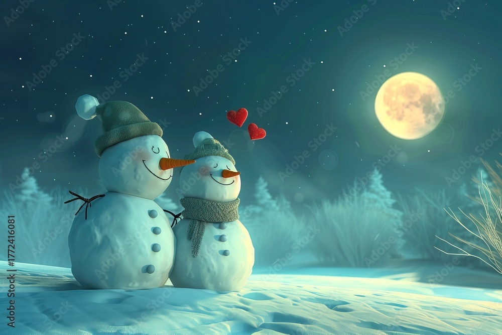 Obraz premium cute winter postcard two snowmen stand close together in snowy forest landscape, gazing at bright full moon. Hearts float above them, adding touch of romance to serene winter scene