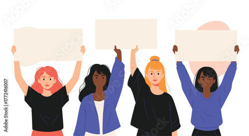 Group of diverse women holding blank signs aloft in protest or demonstration.