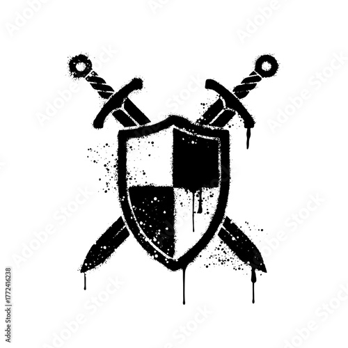 Black and white graffiti stencil of crossed swords and medieval shield