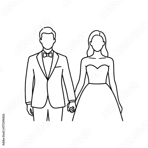 Elegant line art illustration of a bride and groom holding hands, perfect for wedding invitations and romantic designs, created from a scalable vector graphic
