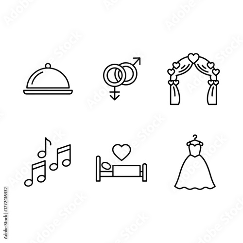 Elegant wedding icons set, celebrating love and commitment, ideal for invitation design, party planning, and romantic themes, originally vector graphics