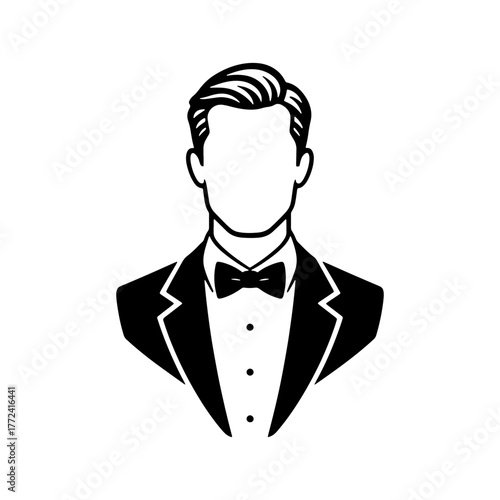 Elegant man silhouette wearing tuxedo and bow tie, perfect for formal invitations, sophisticated events, or stylish branding with a classic touch