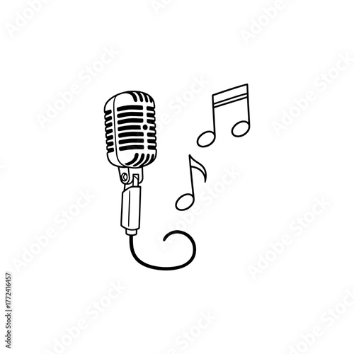 Vintage microphone and music notes dance in a single line drawing, perfect for music lovers, karaoke nights, or creative projects with retro vibes