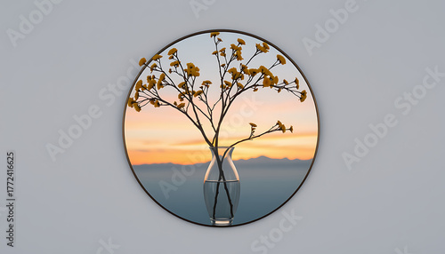 Floral arrangement in a glass vase against a sunset backdrop creating a serene and artistic composition ideal for home decor and wall art