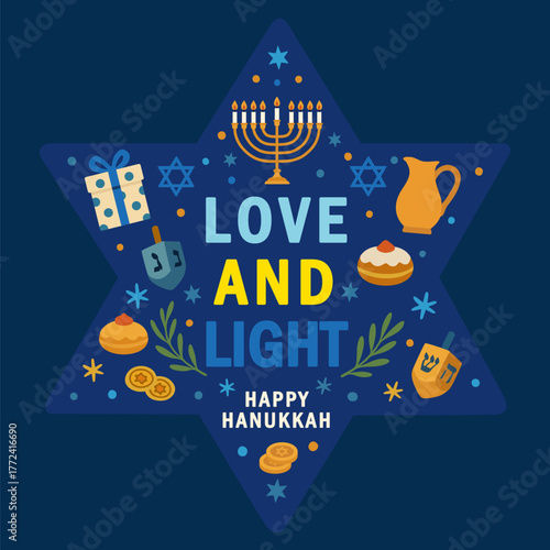Happy Hanukkah, Love and Light greetings card with traditional Jewish symbols. Vector banner design for the Festival of Lights or Festival of Eight Candles