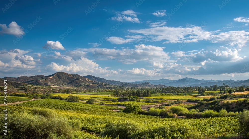 Fototapeta premium Scenic Temecula Wine Country: Lush Fields and Rolling Landscapes Under a Bright Sky