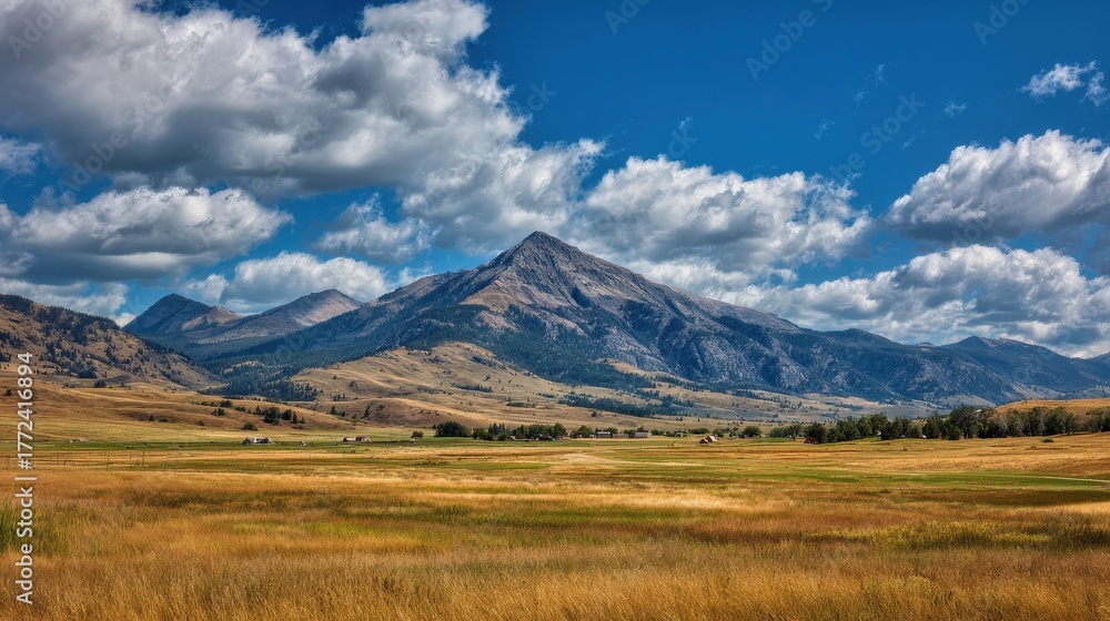 Fototapeta premium Scenic View of Bridger Mountains Near Bozeman, Montana: Majestic Peaks Surrounded by Verdant Hills and Dramatic Skies