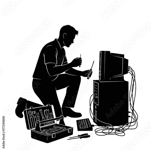 Skilled Tech Repair Technician Fixing an Open Computer Tower with Tools and Wires