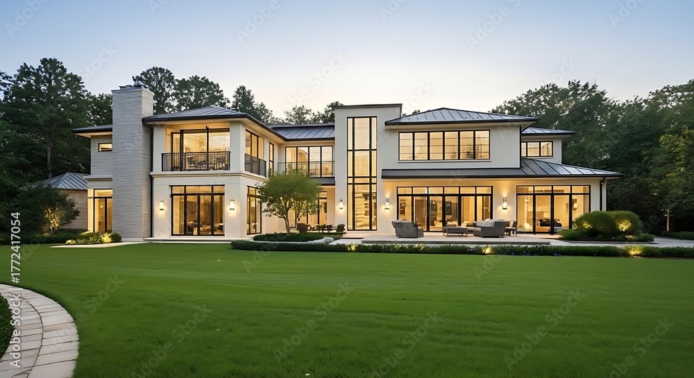 Fototapeta premium Luxurious modern mansion with large windows and lush green lawn