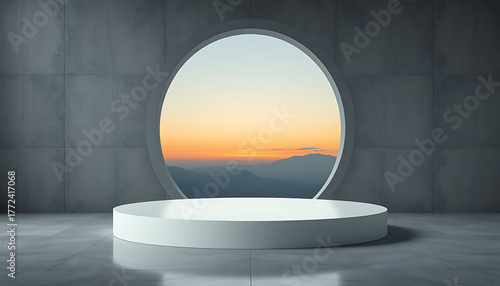 Minimalist white podium with a round window overlooking a mountain sunset product display presentation background