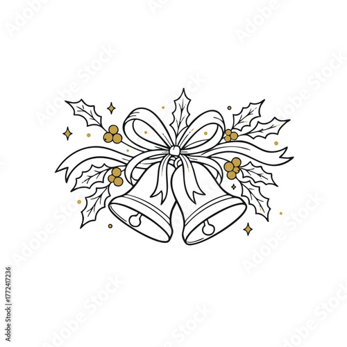 Classic Christmas bells tied with a bow and holly leaves, featuring golden accents that evoke tradition, joy, and festive music.