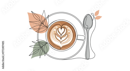 Latte art cup with leaves and a spoon in a one-line drawing style, a simple and modern design perfect for coffee lovers and cafes.