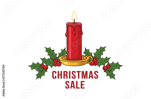 A lit red Christmas candle with holly and the words "Christmas Sale" below.