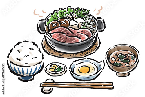 すき焼き定食　筆タッチ手描きイラスト