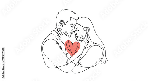 Elegant one line drawing of a loving couple embracing with a heart symbol between them.