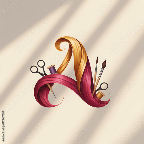 Abstract letter A formed by flowing golden and magenta hair with sewing and art tools