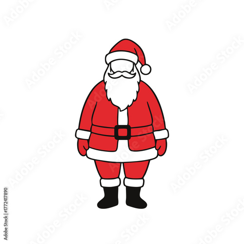 A minimal illustration of Santa Claus in his classic red suit and white beard, standing cheerfully , symbolizing Christmas joy, warmth, and festive spirit holiday designs and seasonal branding