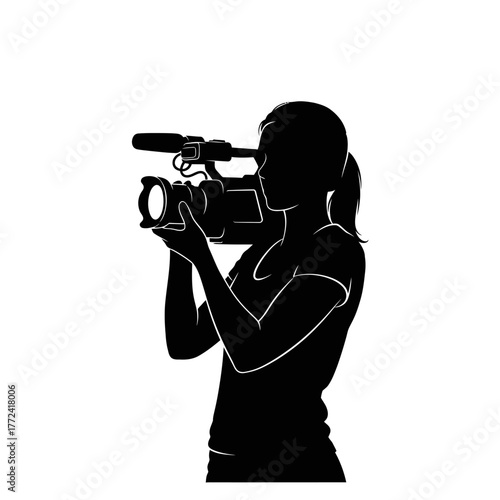 Woman Camerawoman Holding Video Camera.
