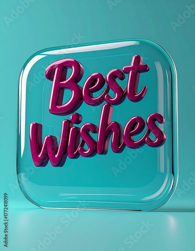 Best wishes magenta text in handwritten style on transparent rounded square glass button, isolated on contrasting bright aqua background, 3d render, new year, celebration, greeting card