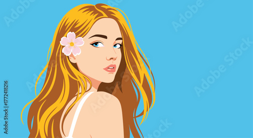 Young woman with long blonde hair and a pink flower in her hair looking over her shoulder.