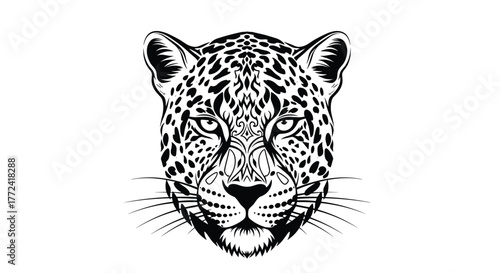 A striking black and white vector illustration of a leopard's head, featuring intricate tribal patterns and classic spots, embodying wild elegance.