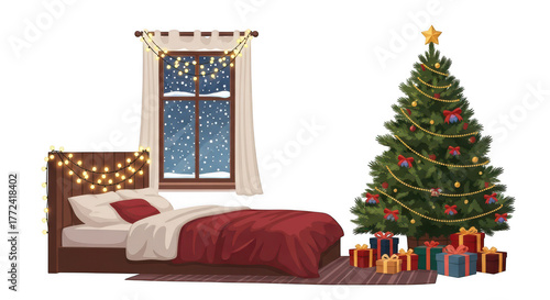 Christmas tree bedroom cozy winter scene holiday season decoration isolated on transparent background