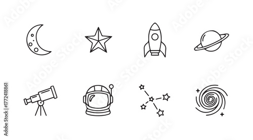 Doodle space icons set astronaut rocket stars moon telescope constellation galaxy vector