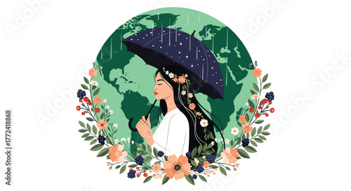 A woman with flowers and an umbrella stands in front of a green Earth background, representing environmental protection and care for the planet, with rain falling down on her.