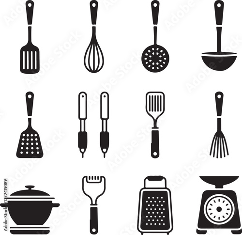 Collection of cooking utensils silhouettes kitchenware tools baking gadgets food preparation equipment