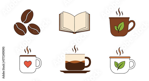 A collection of illustrations featuring coffee beans, a book, and various cups of hot beverages; perfect for blogs, websites, and print materials, symbolizing relaxation and comfort.