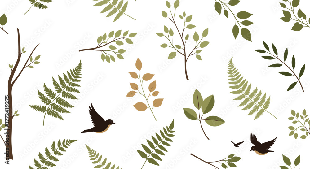 Fototapeta premium Seamless pattern of various plant leaves, branches, ferns, and birds scattered on white background creates a natural and organic design.