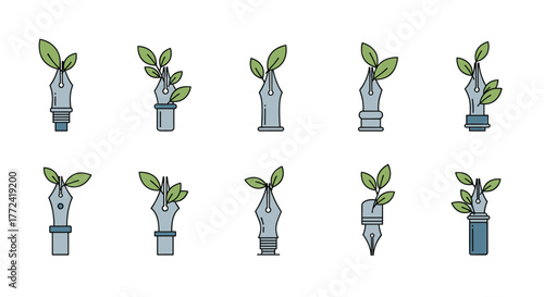 Stylized illustrations of fountain pen nibs with green leaves, symbolizing organic writing, growth, and eco-friendly creativity.