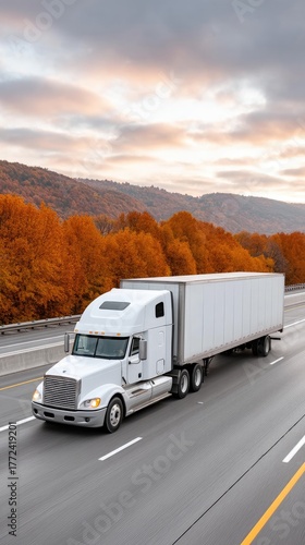 Wallpaper Mural White Semi Truck Driving on Highway Through Autumn Forest Landscape During Golden Hour with Dramatic Clouds and Orange Trees Torontodigital.ca