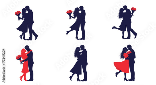Romantic couples silhouette images with bouquets, perfect for love-themed designs and celebrations of affection, for Valentine's Day and proposals, among other things.