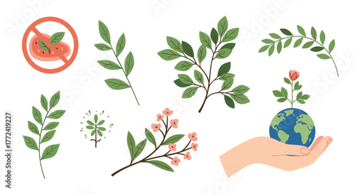Illustrations symbolizing nature, growth, and environmental care, featuring various plants, blooming flowers, a no-harm icon, and a hand holding a flourishing Earth.