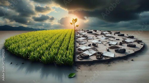 dramatic contrast between lush green farmland and cracked dry soil under golden sunset light