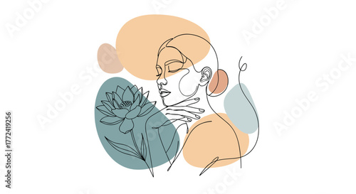 Elegant continuous line drawing of a woman in contemplation with a lotus flower, set against organic abstract shapes in soft, earthy tones.