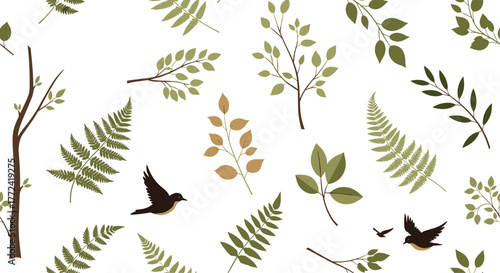 Seamless pattern of various plant leaves, branches, ferns, and birds scattered on white background creates a natural and organic design.