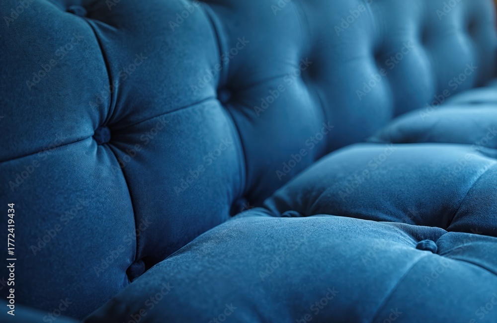 Fototapeta premium Deep blue tufted velvet sofa surface with soft texture. Detailed button tufting creates quilted pattern. Luxurious furniture closeup shows rich fabric detail. Cozy seating comfort and elegant design.