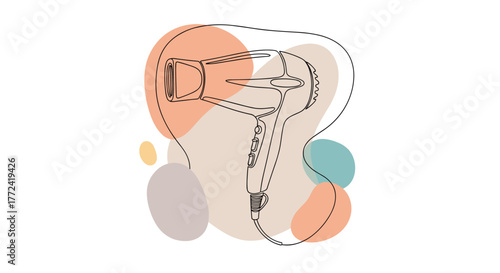 Minimalist hair dryer line art with abstract shapes in background, digital illustration.