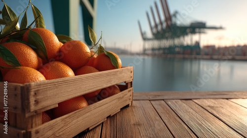 Fresh oranges in wooden crate on dock with industrial port cranes in background, morning sunlight, vibrant and natural atmosphere