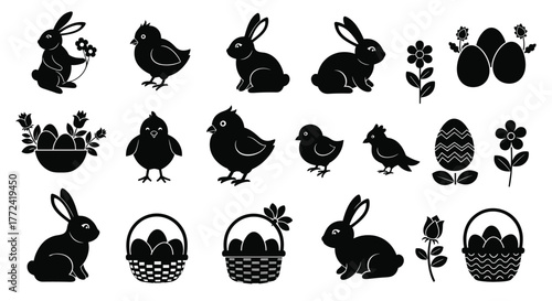 Black silhouettes of various Easter-themed elements including bunnies, chicks, eggs, and flower decorations.