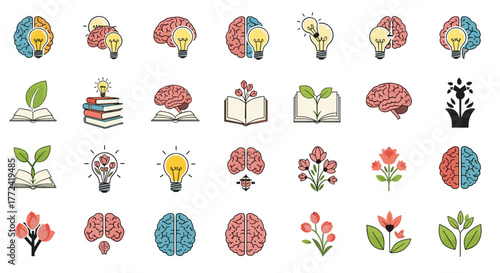 Visual representation of growth, learning, and creativity, featuring brains, books, light bulbs, and flowers symbolizing knowledge and ideas.