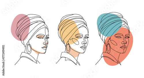 Minimalist line art illustration of three diverse women wearing turbans, accented by abstract colorful shapes, on a white background.