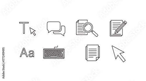 Set of eight hand drawn icons representing writing editing and document management tasks vector