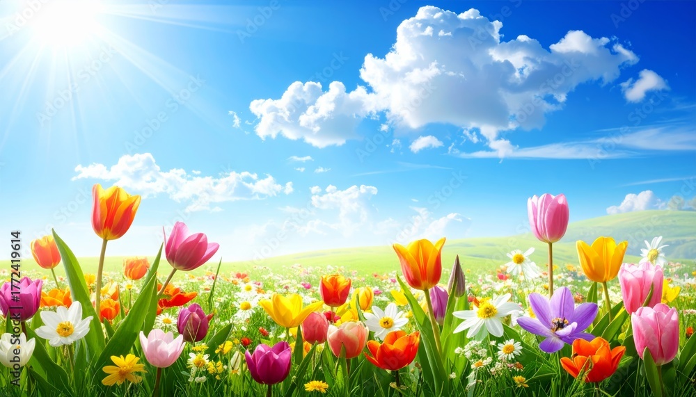 Fototapeta premium Beautiful fields of tulips and colorful flowers under the spring sky