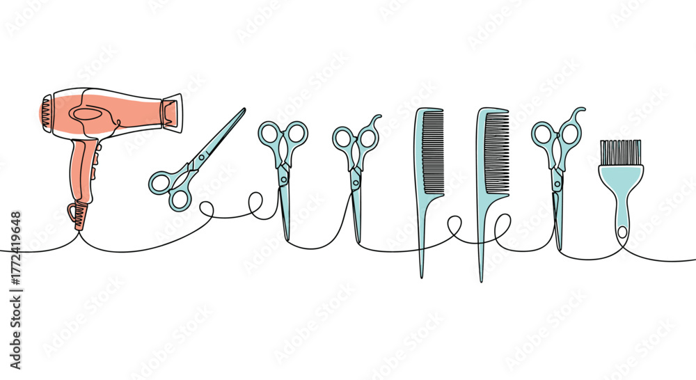 Obraz premium Minimalist continuous line art illustration of essential hairdressing and barber tools with soft color accents.