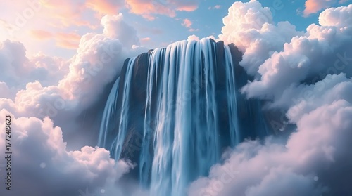majestic waterfall flowing through clouds under dreamy pastel sky creating surreal fantasy atmosphere