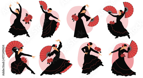 A set of elegant flamenco dancers in various dynamic poses, adorned with black dresses, red fans, and vibrant roses, embodying Spanish culture.