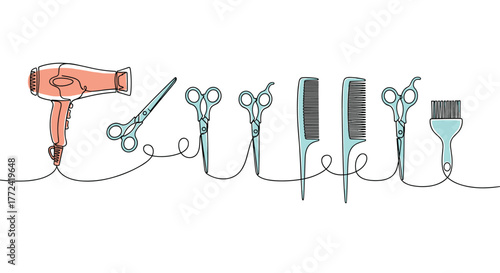 Minimalist continuous line art illustration of essential hairdressing and barber tools with soft color accents.